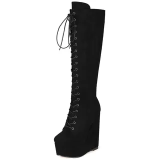 Soireelady Damen Kniehohe Stiefel, Damen 15CM Keilabsatzstiefel, Plateau Schnürstiefel Winterstiefel, Plateau High Heel Stiefel Wildleder Schwarz EU40 - 40 EU