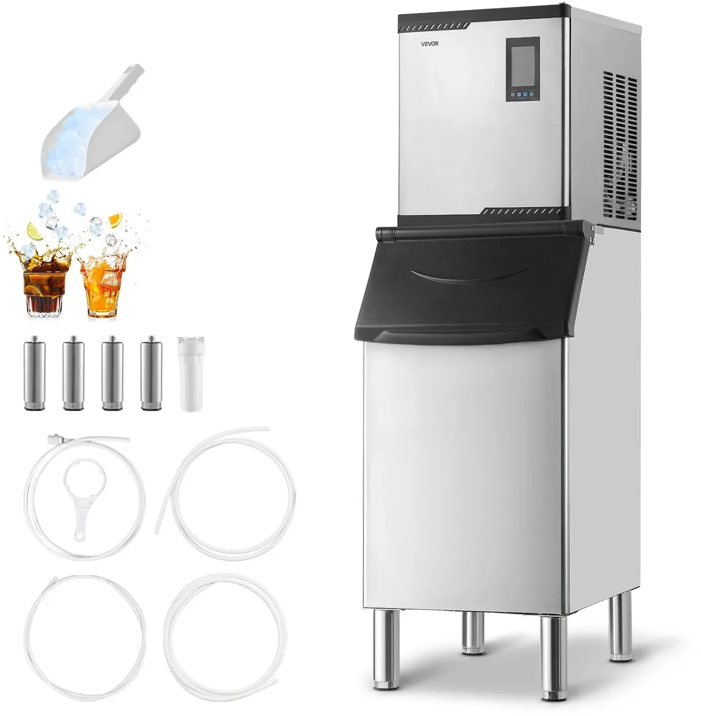 VEVOR gewerbliche Eismaschine, 136 kg/Tag Eisbereiter mit 136 kg Edelstahl-Vorratsbehälter, automatisch selbstreinigende Eismaschine mit Touchscreen für Bar Café Restaurant Geschäft Gewerbe