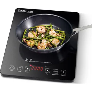 AMZCHEF Induktionskochfeld, Einzel Induktionskochplatte 2000W mit 10 Leistungsstufen,10 Temperatureinstellungen und 3-Stunden-Timer, Schwarz