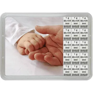 Silberbarren zur Geburt in Flip-Motivbox „Alles Gute“ von Silberstücke24 – Feinsilber 999 CombiBar – Geschenkfertig für Baby & Neugeborene (15g Silber)