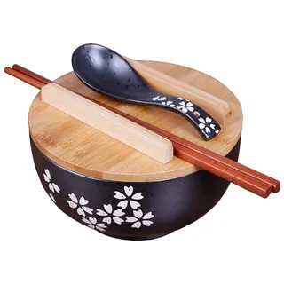 Happiness Tableware LIXUE Japanische Art Retro Keramik Schüssel schwarz Ramen Suppe Nudel Schüssel mit Deckel und Stäbchen Hand gezeichnet Obstsalat Schüssel Geschirr
