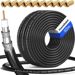 HB-DIGITAL 50m SAT Koaxial Kabel 135dB 8K 4K UHD 4-Fach geschirmt für DVB-S / S2 DVB-C / C2 DVB-T / T2 DAB+ Radio + inkl. 10x vergoldete F-Stecker BK Anlagen - Stahl/Kupfer Innenleiter - Schwarz