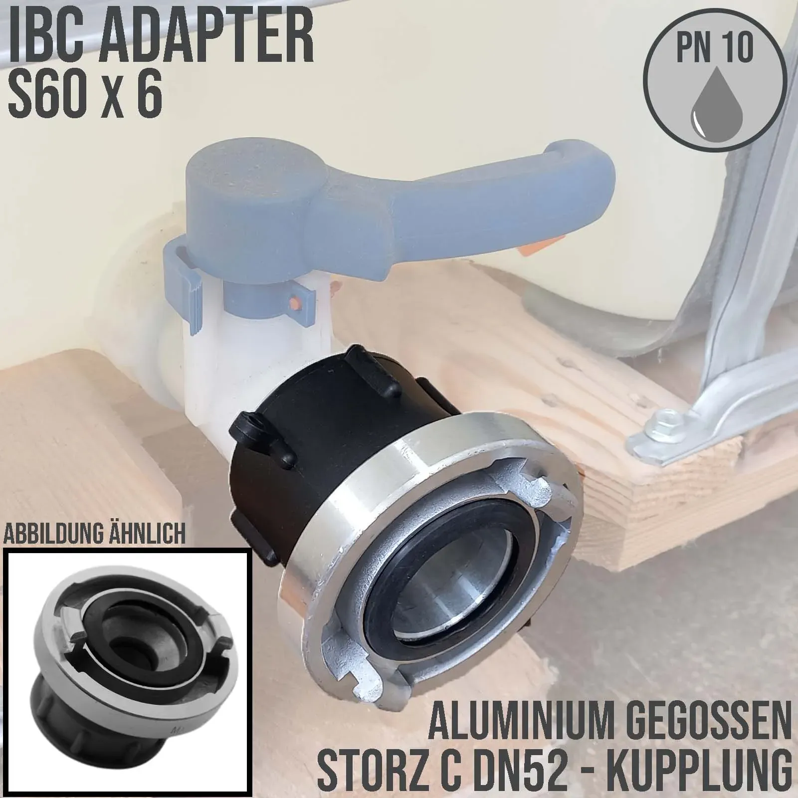 S60 x 6 IBC Adapter auf STORZ C DN 52 KA 66 Aluminium Übergangsstück Pumpenansch...