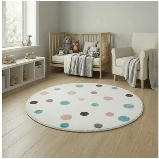 Jimri Kinderteppich DOT ́S Teppiche für Kinderzimmer, Kinderzimmerteppich, Teppich, Rund, Regenbogen weiß Rund | 120 cm x 120 cm