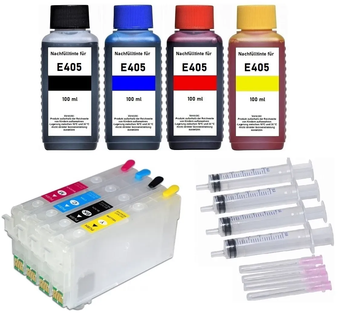 Wiederbefüllbare Tintenpatronen wie Epson 405, 405XL + 400 ml Nachfülltinte