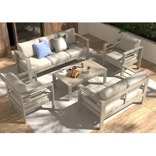 MeXo Gartenlounge-Set Terrassenmöbel Set 6-7 Personen Aluminium outdoor wetterfest, Gartenmöbel Set Alu mit Tisch, Luxus Relax, Beige+Taupe - Beige/Taupe