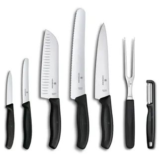 Victorinox Swiss Classic Küchenmesser Set, 7-teilig, inkl. Santokumesser, Brotmesser, Gemüsemesser, Extra Scharfe Klinge, Schwarz