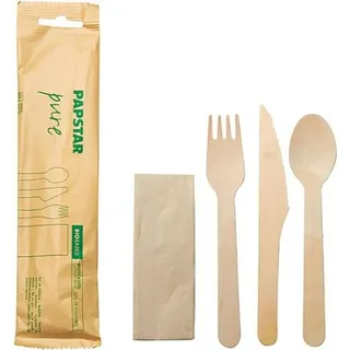 Papstar Holzbesteck-Sets, pure" : Messer, Gabel, Löffel, Serviette in Papierbeutel,