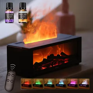 Starnearby LED Kamin Flammen Aroma Diffuser Diffuser Kamin mit 7 Farben Licht und Timer Ember Diffuser 150ml Luftbefeuchter Wasserdampf Kamin Flame Humidifier Kamin Diffusor (Schwarz+2*ätherisches Öl)