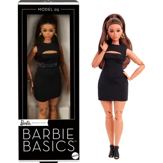 Barbie Basics-Modell 5, Sammlerpuppe mit brünetten Haaren, schwarzem Minikleid und Absatzschuhen, Mode in universeller Passform, beweglichem Körper mit weiblichen Rundungen, JBH73