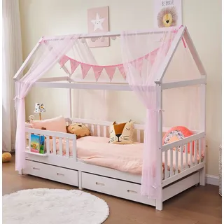 ALAVYA HOME ALAVYA HOME® 3-TLG Hausbett Deko Set mit 2 Stück Betthimmel I 1 Stück Wimpelkette 300cm cm lang für Kinderbett Kinderzimmer I Wimpelkette 100% Bio-Baumwolle I 150 x 350 cm I ohne Lichterkette I Rosa