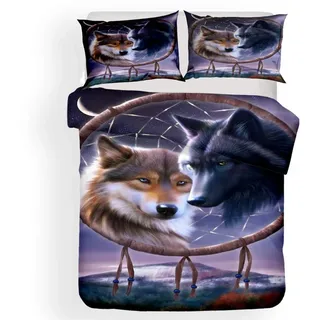 Bettwäsche set 3 Teilig (1 Bettbezug und 2 Kissenbezug) Traumfänger Tier Wolf Indien Böhmen Schmetterling Feder Phoenix Kuh Schädel Lila Brown Rot Blau Grün (Traumfänger 8, Einzelbett 135x200 cm)