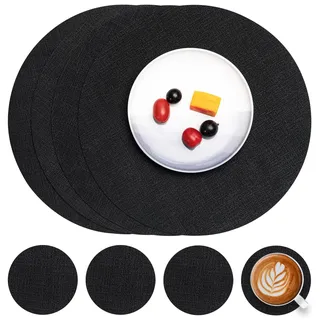 Myir JUN Tischsets Abwaschbar Leder und Untersetzer, Doppelseitigen Platzset Rund Ø 36cm 4er Set rutschfest Glasuntersetzer Platzdeckchen Leder Kunstleder Tischset (Schwarz, 4er Set)