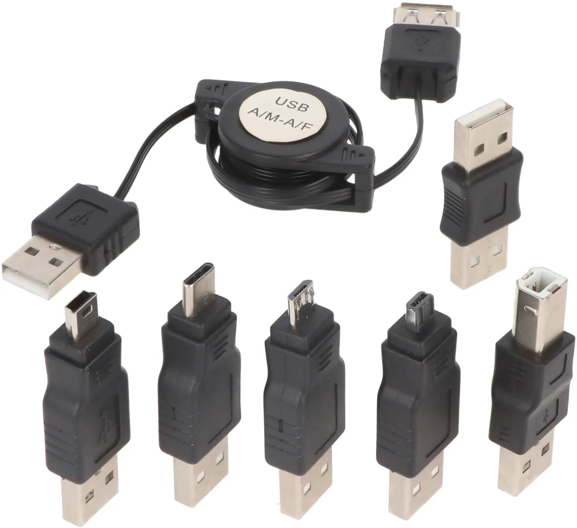 USB-Adapter-Set 7-teilig mit praktischer Aufrollbox, USB-Verlängerungskabel für den direkten Anschluss an einem USB-Gerät