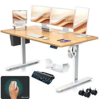Kesser KESSER® Höhenverstellbarer Schreibtisch elektrisch Ergonomisch Steh-Sitz Schreibtisch 3-Funktions-Memory Steuerung Inkl. 360° Rollen & USB-Ladeanschluss Computertisch für Homeoffice