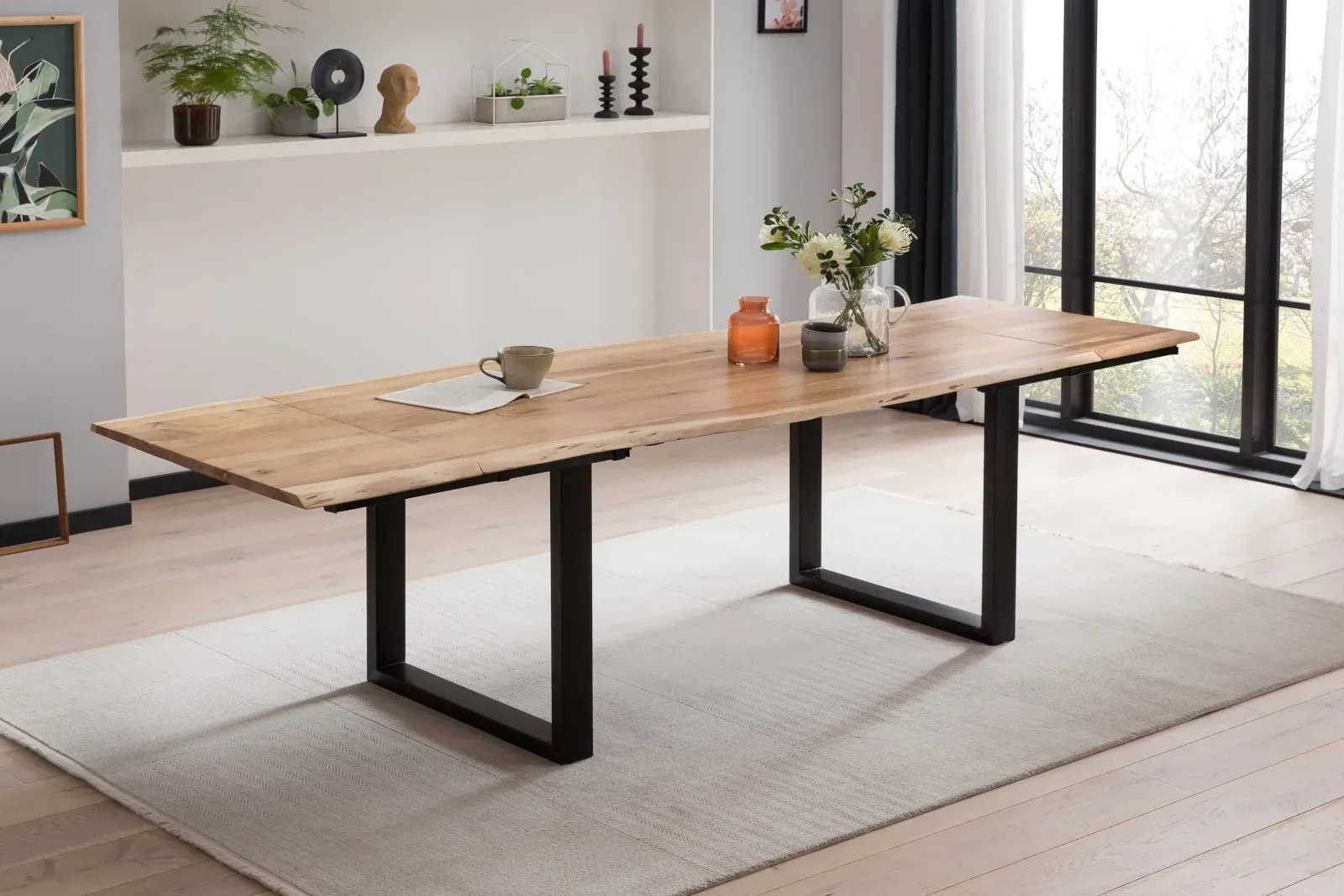 Esstisch mit Ansteckplatten 180(280)x90 cm Baumkante Akazie natur U-Gestell schwarz ADINA