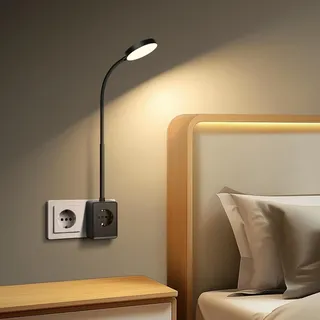 Aigostar LED Wandleuchte mit Stecker und Steckdose, Schlafzimmer Steckdosenlampe Touch-Dimmer, 3 Lichtfarben, Leselampe mitTyp C/USB Ladeanschluss, 360° flexibler Hals, Schwarz