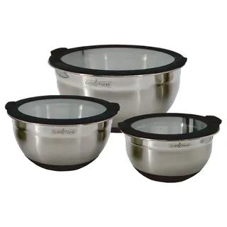 Grillfürst BBQ Edelstahlschüssel Set mit Glasdeckel und Messmarkierung - Rührschüsseln - Salatschüsseln - 1,25l, 2,25l, 4,0l