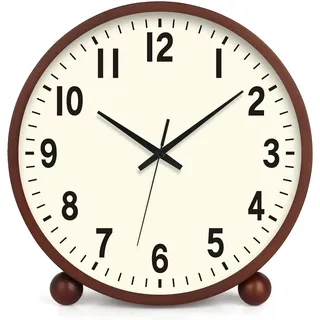 Maxspace Tischuhr Analog, 21cm Holz Tischuhr Batteriebetrieben, Silent Tischuhren ohne Ticken für Schlafzimmer Büro Wohnzimmer Deko Modern (Walnuss – Cremefarben)