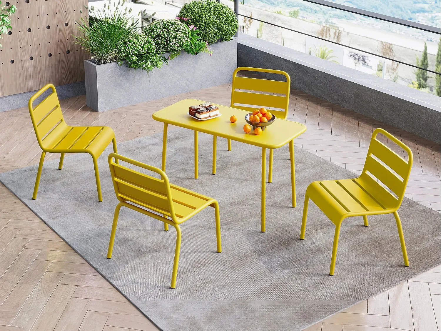 Garten-Essgruppe für Kinder: Tisch + 4 stapelbare Stühle - Metall - Senfgelb - POPAYAN von MYLIA