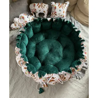 LOOLAY Babynest 3in1 XXL – Nestchen Baby Spielmatte und Reisebett 90/155cm - Handgemacht aus Baumwolle mit Rüschen - Ideal fur Zwillinge (Traumfänger Boho/Königsgrün Minky)