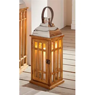 Dekoleidenschaft Laterne Wood aus Holz & Glas, 40 cm hoch, Holzlaterne mit Henkel & Metalldach, Windicht, Bodenlaterne, Kerzenlaterne