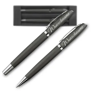 polar-effekt Kugelschreiber Alphabet Schreibset mit Gravur - Farbe grau - Drehkugelschreiber und Rollerball schwarzschreibend - mit Geschenk-Etui