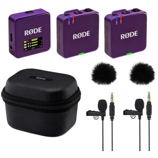 RØDE Rode Wireless GO Gen 3 PU mit Charge Case + 2x Lavalier GO und 2x WS05 Digitales Aufnahmegerät (Vorteils-Set mit Charge Case, 2x Lavalier Go Mikrofon und Windschutz) lila