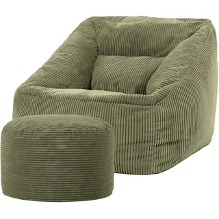 I.C.O.N. Icon Natalia Sitzsack Sessel mit Hocker für Erwachsene, Salbeigrün, Flauschiger Cord Stoff, Riesen Sitzsack Cord mit Füllung, Bean Bag Chair, Bequemer Sessel Wohnzimmer, Lounge, Schlafzimmer, Büro