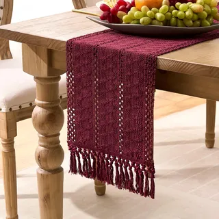 Boho Tischläufer Baumwolle Leinen mit Hand Quasten Rechteckige Häkelspitze Tischläufer Vintage Burgunder Rot Makramee Landhausstil für Kaffee Esszimmer Tabletop Dekor 30 x 140 cm