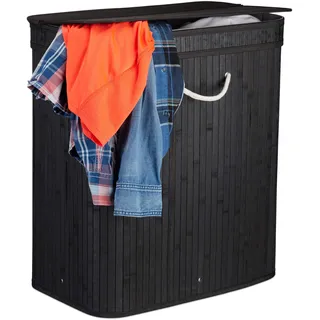 Relaxdays Wäschekorb Bambus, rechteckiger Wäschesortierer, 2 Fächer, Klappdeckel, platzsparend faltbar, 95 l, schwarz,