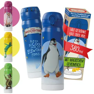 AWAVE Die Schule der Magischen Tiere Edelstahl Trinkflasche Kinder 380 ml Blau Juri Wasserflasche Kohlensäure geeignet Auslaufsicher Thermosflasche Einhandöffnung, für Schule Kindergarten Reisen