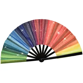 Scinzene FloralGrace Regenbogen-Fächer, Großer Rave-Handfächer mit Goldaczenten & Glitzer, Leicht, Tragbar & Stylisch, Ideal für Festivals, Pride Events, Raves & Partys | Ungefaltet 35x64cm