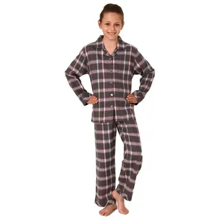 normann-wäschefabrik NORMANN Flanell Pyjama langarm Schlafanzug Karo Knopfleiste - 70123 in grau | 176