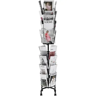Vevor Grußkartenständer Broschürenständer mit 32 Fächern, 360° Drehbar, Zeitschriftenständer mit Schildhalter & 4 Rollen, Prospekthalter für Ausstellungen Büros Messen Literaturhalter