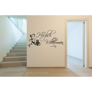 timalo Wandtattoo 68167-58x29 cm, Eule auf Ranke Text Herzlich Willkommen, Wandaufkleber, Schwarz, Vinyl, Wohnlich, Rechteck, Outdoor