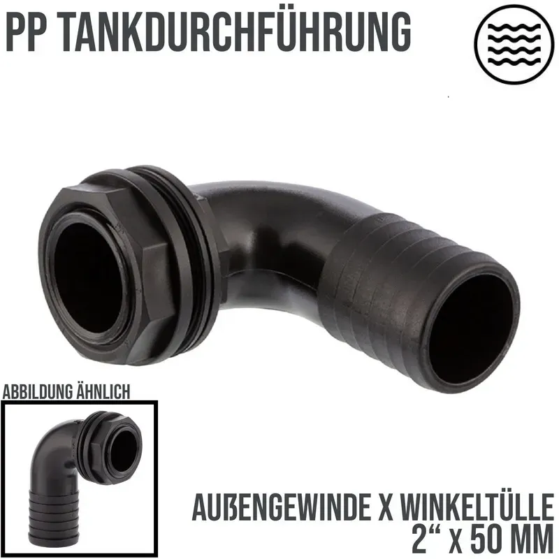 2 x 50 mm Tank Regentonne Durchführung Außengewinde x 90° Winkel Schlauch Tülle..."