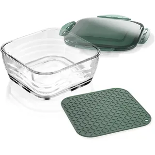 Genius A27054 Nicer Dicer Chef Glasschüssel groß mit Deckel & Silikonmatte Kombi-Set-ofenfeste Glasbehälter Auflaufform Ofenform backofenfest und gefriergeeignet, Glas, 2800 milliliters, Mintgrün