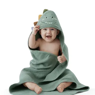 Blissful Diary Musselin-Baby-Kapuzenhandtuch, weiches und saugfähiges Badetuch für Neugeborene, Babys und Kleinkinder, Unisex, 81 x 81 cm - Roguish Dino