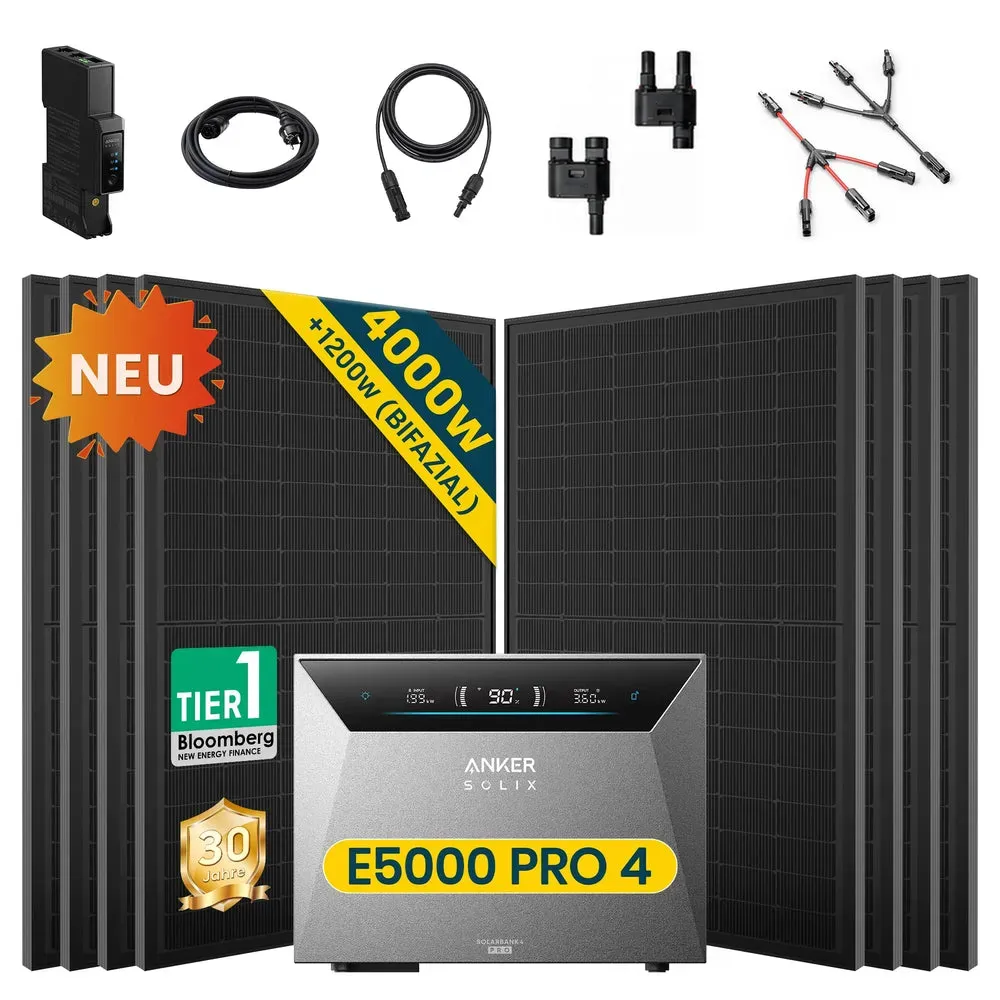 Balkonkraftwerk mit Speicher Anker SOLIX Solarbank 4 E5000 Pro 5kWh, Komplettes Photovoltaiksystem - 500W x10 / Ohne Erweiterungsakku / Ohne Halterung