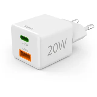 Hama Schnellladegerät, 1x USB-C 1x USB-A QC, Mini-Ladegerät, 20 W, Weiß