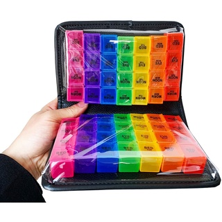 Große Tablettenbox 14 Tage Morgens Mittags Abends, Leder Tragbare BPA Frei Tablettenbox 3 Fächer Pillendose Medikamentenbox Taschenapotheke perfekt für Unterwegs für Medikamente, Vitamine, Fischöl