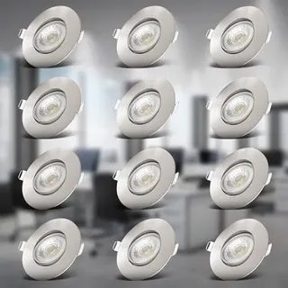 B.K.Licht - 12er Set LED Einbaustrahler 230V schwenkbar, flach, warmweiße Lichtfarbe, LED Spot, Deckenspots, Spots, Einbauleuchten, Einbauspots, 68mm Lochmass, 90x24 mm, Matt-Nickel