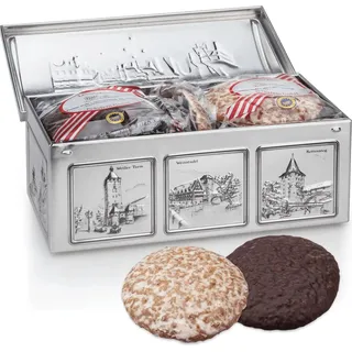 Nürnberger Elisen-Lebkuchen - 12 Stück gemischt - 900g - Truhe: silberfarben - Echte Eckstein Elisenlebkuchen