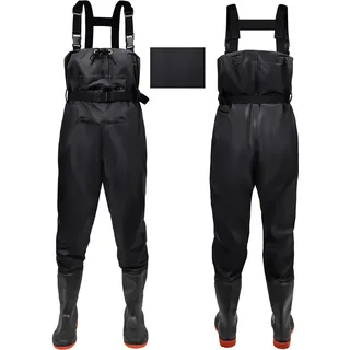 IEEILULU Wathose Herren Damen, Nylon Anglerhose mit Stiefel, rutschfest wasserdichte Watthosen Atmungsaktive Wathose mit Stiefeln, Watstiefel Hose für Sport Angelliebhaber (Schwarz, 47)