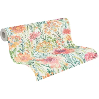 A.S. Création Blumentapete in Bunt, Weiß, Rot, Orange, Grün - hochwertige Vliestapete floral 396951 - Designtapete gemalt auf 10,05m x 0,53m - Made in Germany