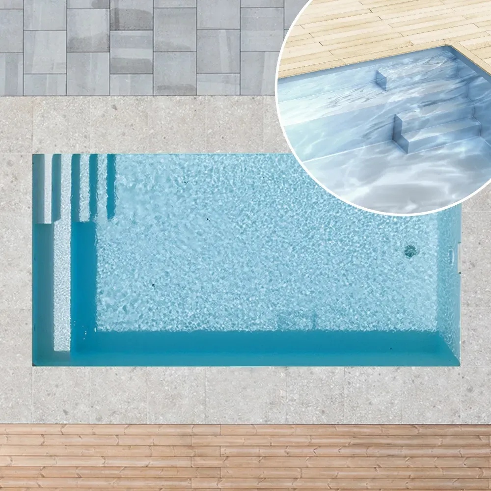 Styroporpool, 800 x 400 x 150 cm, Basis-Bausatz mit Treppe rechts und Sitzbank, Folie 0,90 mm, grau