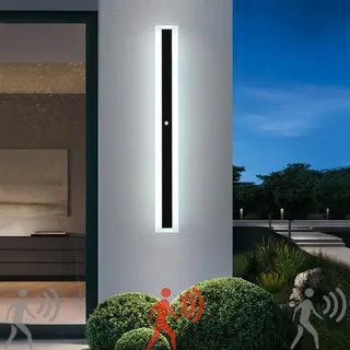 TZSMUM LED Lange Wandleuchte mit Bewegungsmelder Außen Innen IP65 Wasserdicht Außenwandleuchte Modern Wandlampe Acryl Außenlampe Schwarz Gärten Korridor Terrassenbeleuchtung (Weißes Licht,80CM)