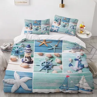 VASENA Bettwäsche Leuchtturm Anker Bettwäsche 135x200 Kinder Maritimes Thema Bettbezug Set Weich Microfaser Kinderbettwäsche 3 Teilig Mit ReißVerschluss Mit 2 Kissenbezug 80x80 cm