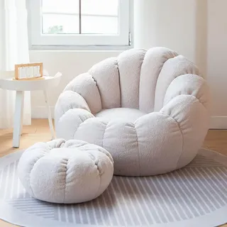 AlCEBYRE Lazy Sitzsack-Stuhlbezug, (ohne Füllstoff) Sessel aus Ultraweichem Teddy-Stoff, Kürbis-Optik Weicher Hochwertiger Sofaüberwurf für Bohnensäcke 85 x 65 cm,White